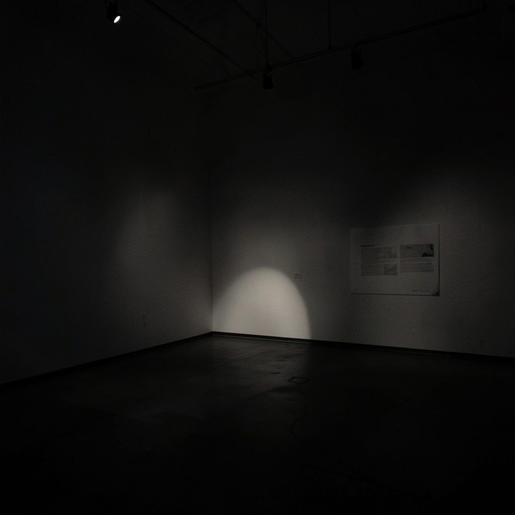 Dark atmospheric photograph of an exhibition hall floor plan with muted charcoal tones and soft overhead lighting, conveying a professional conference setting.