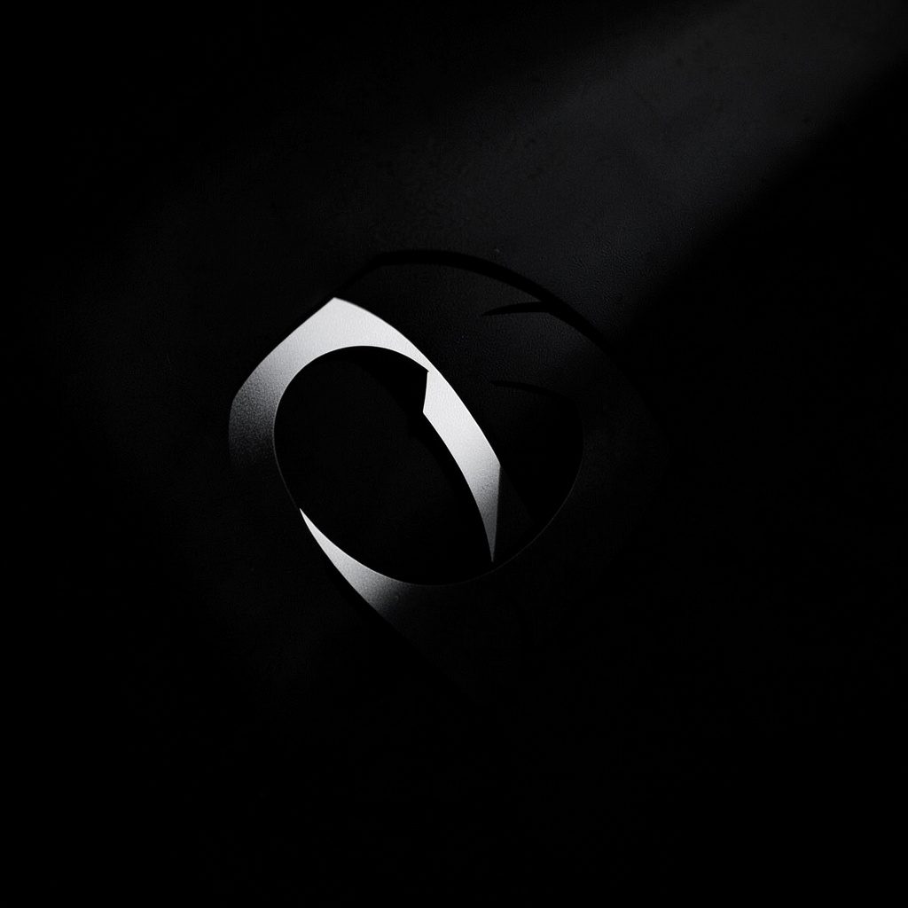 A dark, low-key photograph of a sponsor logo on a matte surface, with deep charcoal shadows and subtle warm highlights.