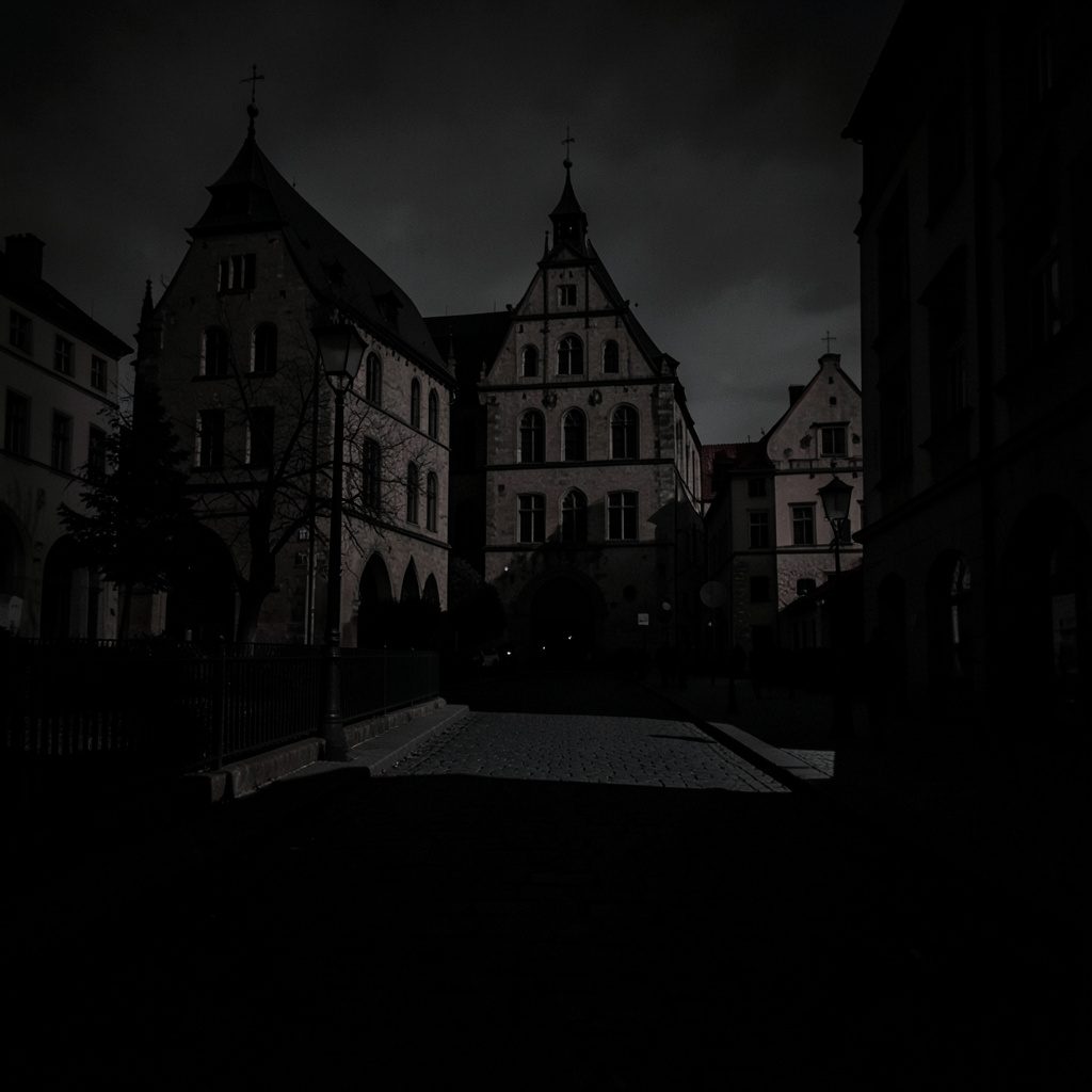 A moody, shadow-rich cityscape of Wroclaw at dusk, with warm amber window lights against a charcoal sky.